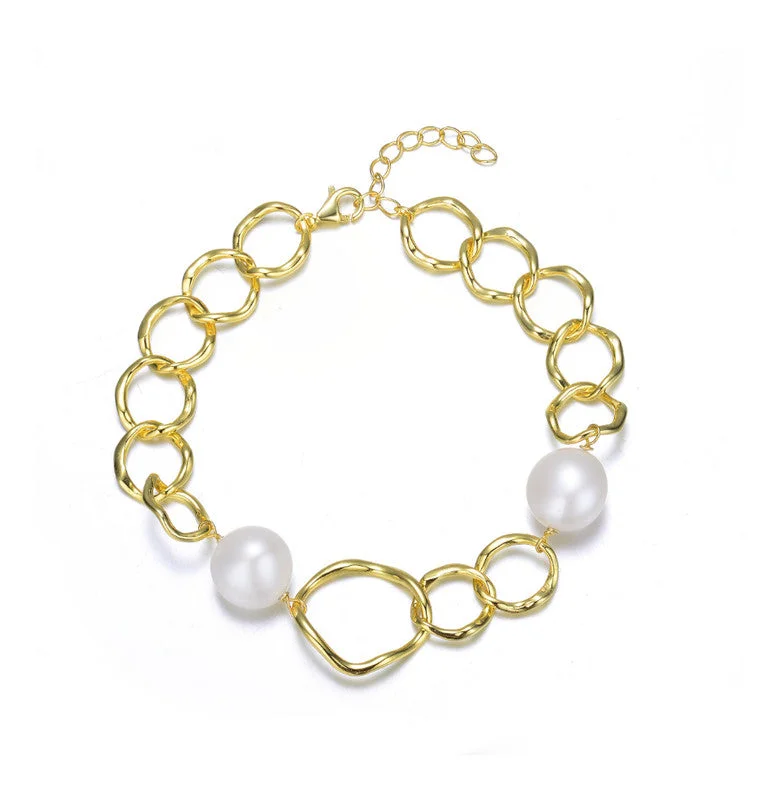 Sterling Silver 14k Gold Plated with Genuine Freshwater Pearl Chain Bracelet