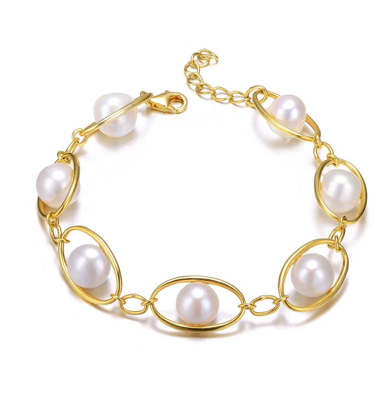 Sterling Silver 14k Gold Plated with Genuine Freshwater Pearl Oval Link Bracelet