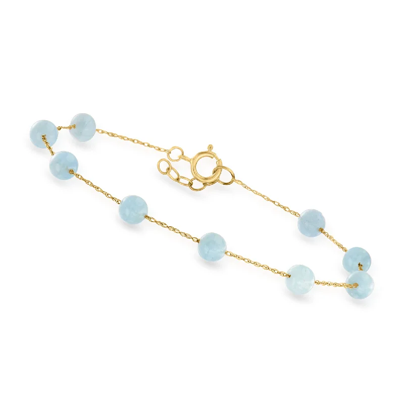 Canaria 5.75- Aquamarine Bead Station Bracelet in 10kt Yellow Gold