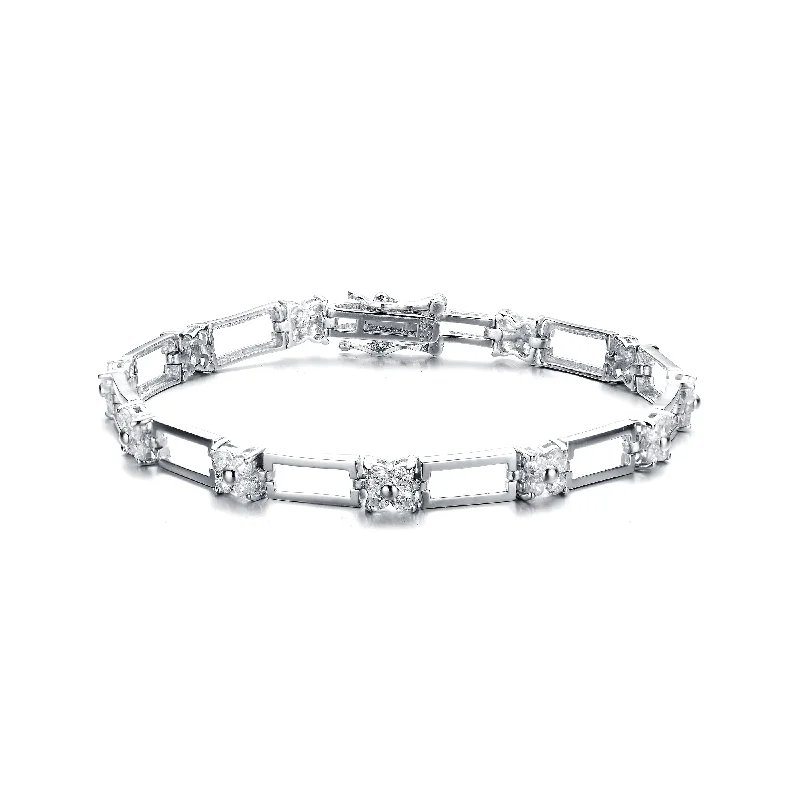 Sterling Silver White Gold Plated with Clear Cubic Zirconia Flower Design Bracelet