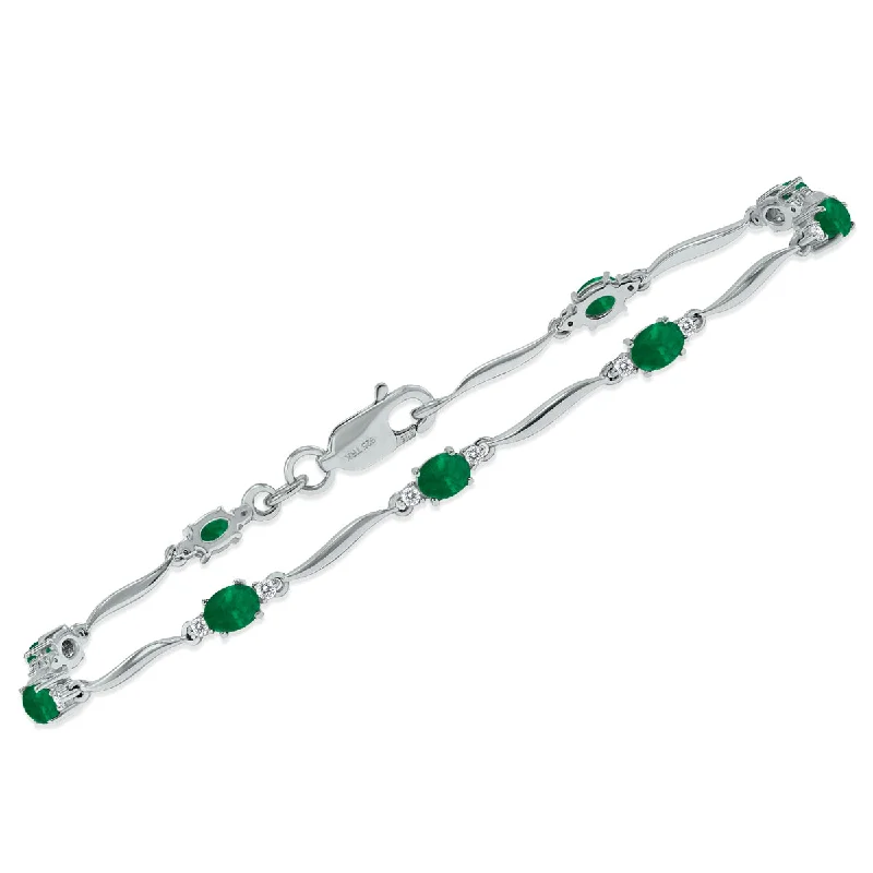 Emerald And Diamond Wave Link Bracelet In .925 Sterling Silver