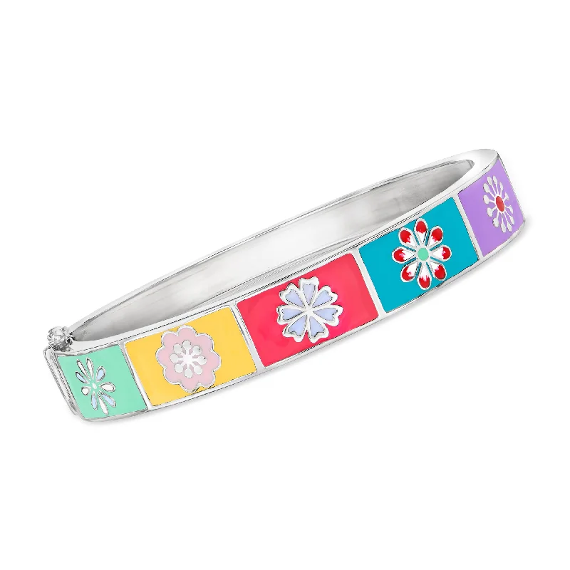 Ross-Simons Multicolored Enamel Floral Patchwork Bangle Bracelet in Sterling Silver