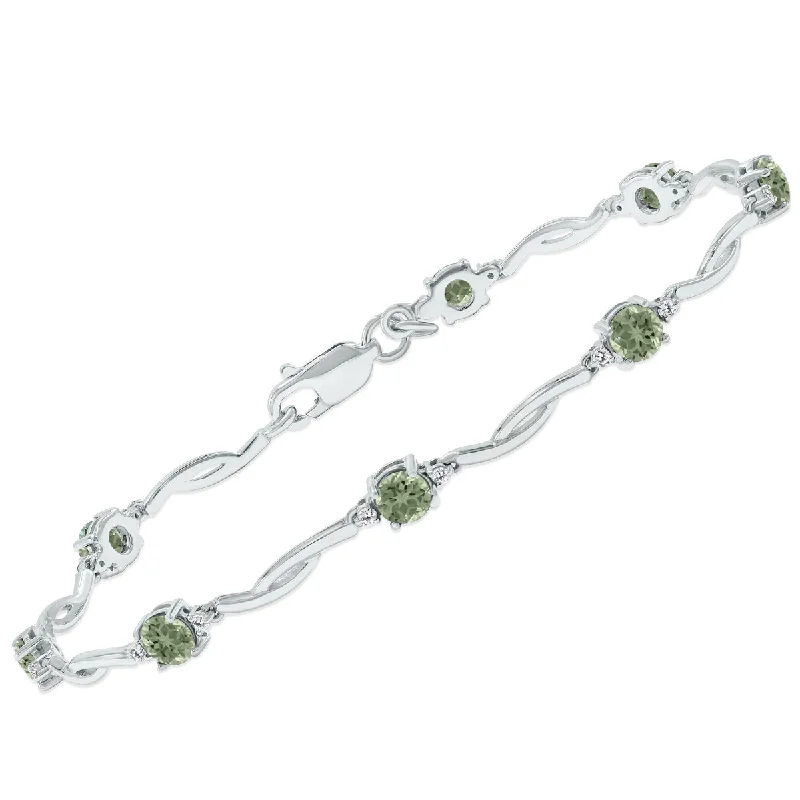 Green Amethyst And Natural Diamond Braided Wave Bracelet In .925 Sterling Silver