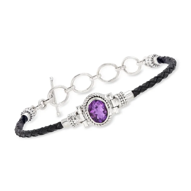 Ross-Simons Amethyst and Black Leather Toggle Bracelet in Sterling Silver