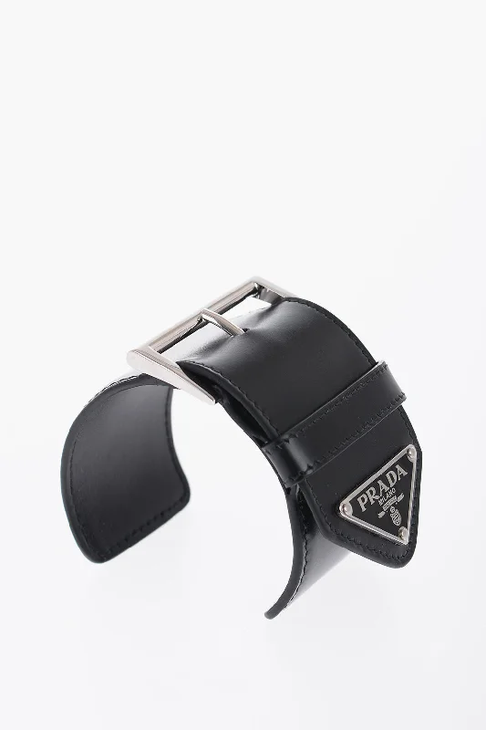 Prada Leather Open Bangle Bracelet With Silver-Tone Buckle