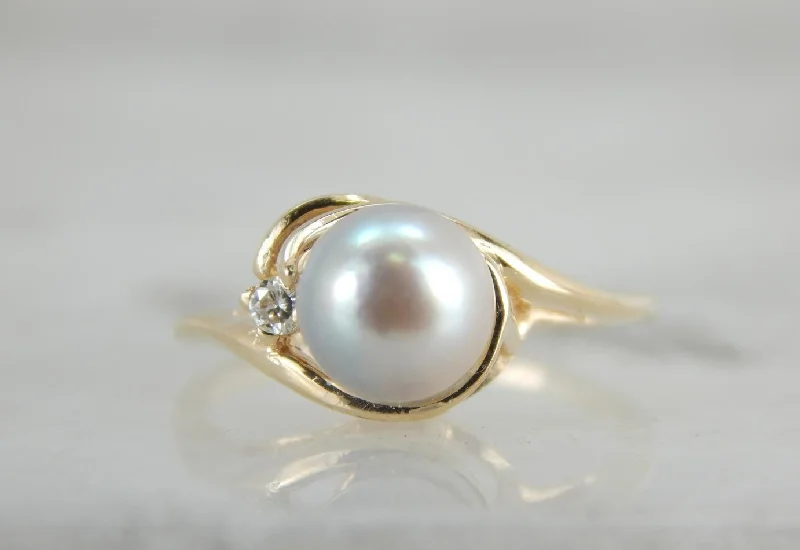 Grey Pearl and Diamond, Solitaire Bypass Cocktail Ring