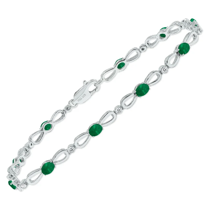 Emerald And Natural Diamond Ribbon Loop Bracelet In .925 Sterling Silver