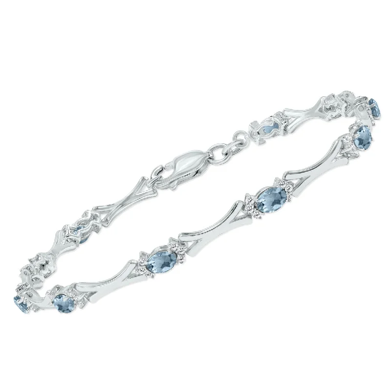 Aquamarine And Natural Diamond Sculpted X Link Bracelet In .925 Sterling Silver