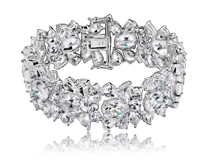 GENEVIVE Sterling Silver Cubic Zirconia Wide Floral Bracelet