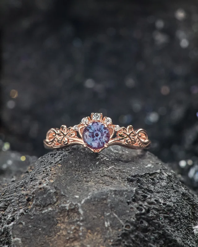 gemstone engagement rings -READY TO SHIP: Horta engagement ring with lab alexandrite and lab diamonds, 14K rose gold, RING SIZES: 5.5 - 8.5 US