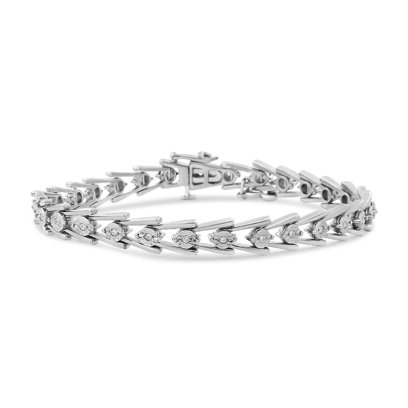 .925 Sterling Silver Diamond Miracle-Set Double Swoosh Milgrain Style Tennis Bracelet