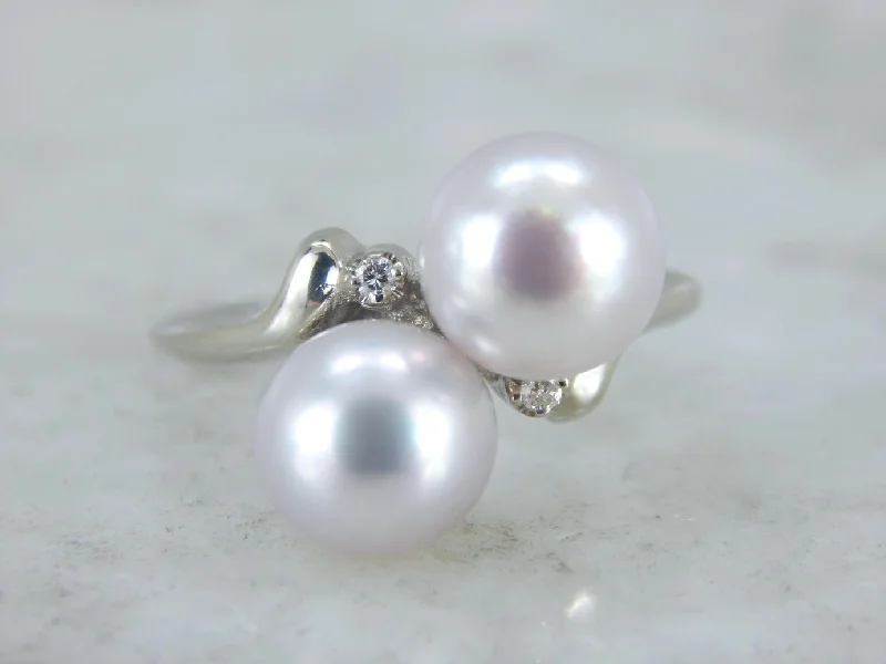 Bridal Pearl Bypass Ring with Sparkling Diamond Accents