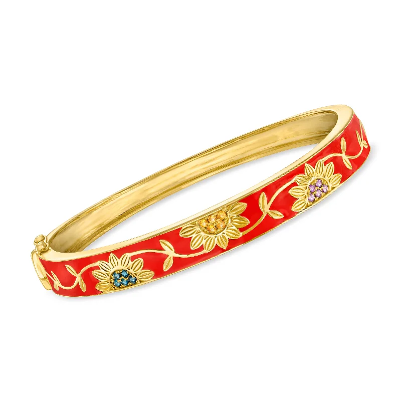 Ross-Simons Multi-Gemstone and Red Enamel Flower Bangle Bracelet in 18kt Gold Over Sterling