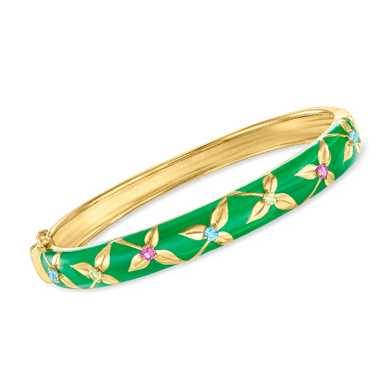 Ross-Simons Multi-Gemstone Floral Bangle Bracelet With Green Enamel in 18kt Gold Over Sterling