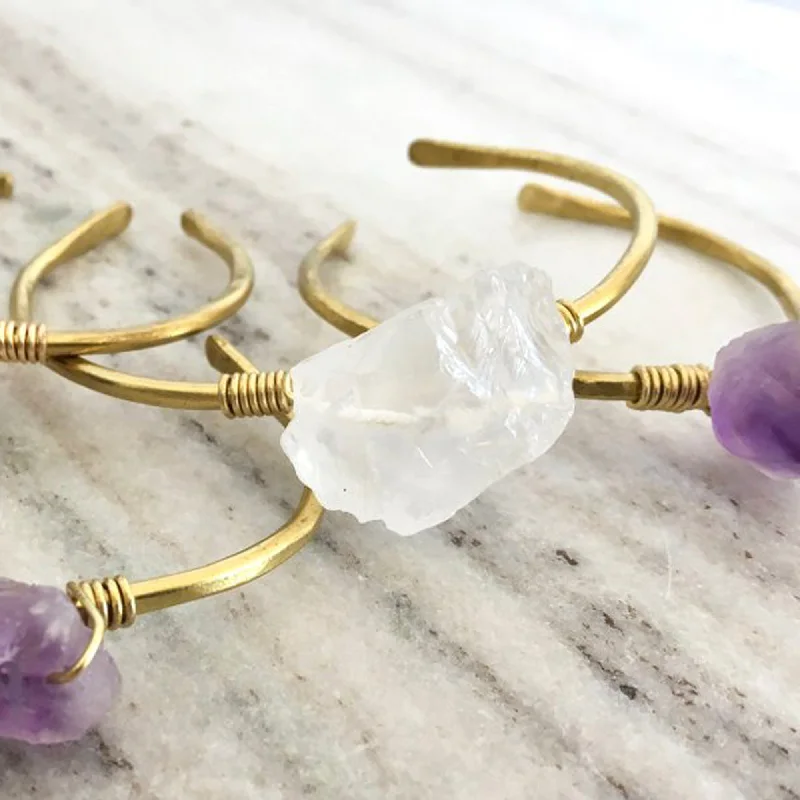 Hammered Stone Cuff Quartz Crystal | Bridal Gift Jewelry - Valentines Day Gift