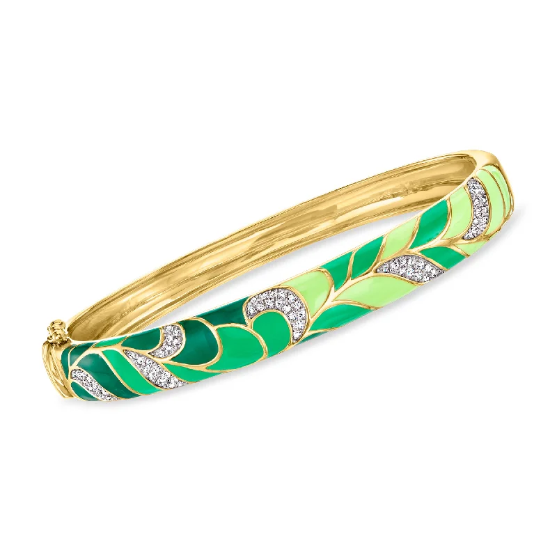 Ross-Simons White Topaz and Tonal Green Enamel Bangle Bracelet in 18kt Gold Over Sterling