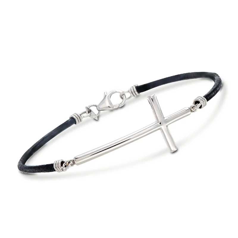 Ross-Simons Sterling Silver and Black Leather Sideways Cross Bracelet