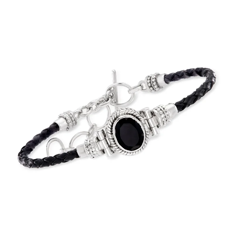 Ross-Simons Black Onyx Bracelet With Braided Black Leather in Sterling Silver