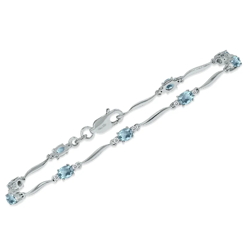 Aquamarine And Diamond Wave Link Bracelet In .925 Sterling Silver