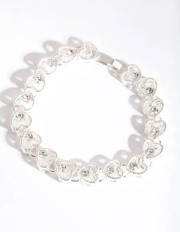 Silver Diamante Heart Link Bracelet