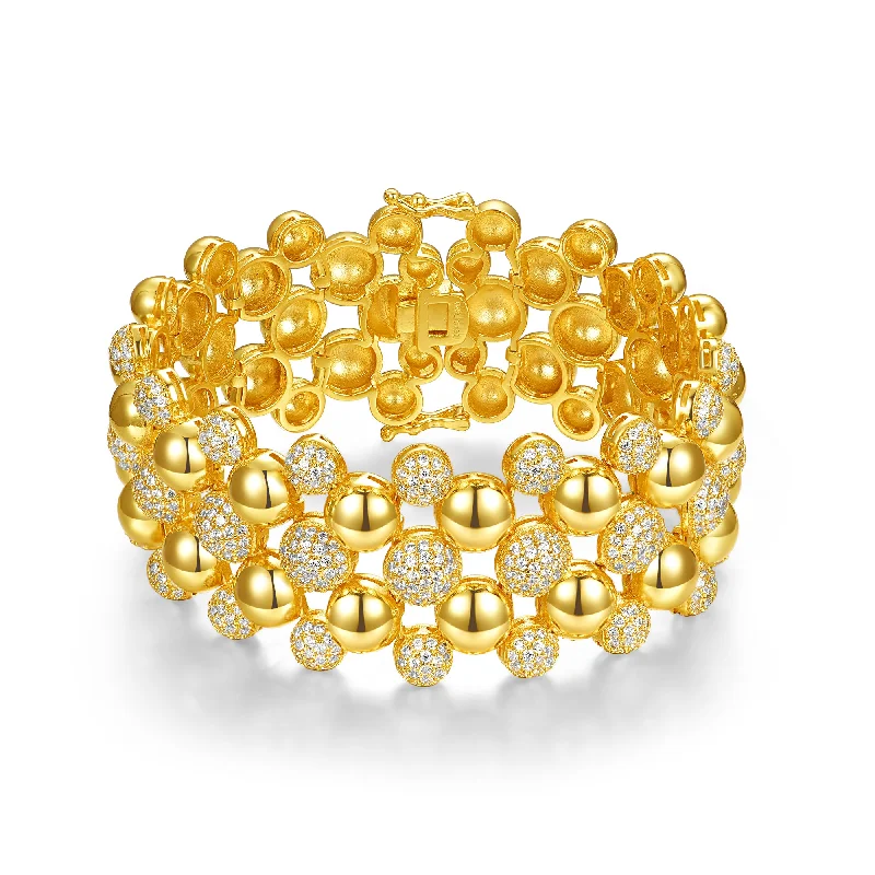 14k Yellow Gold Plated With Diamond Cubic Zirconia French Pave Medallion Mesh Link Bracelet