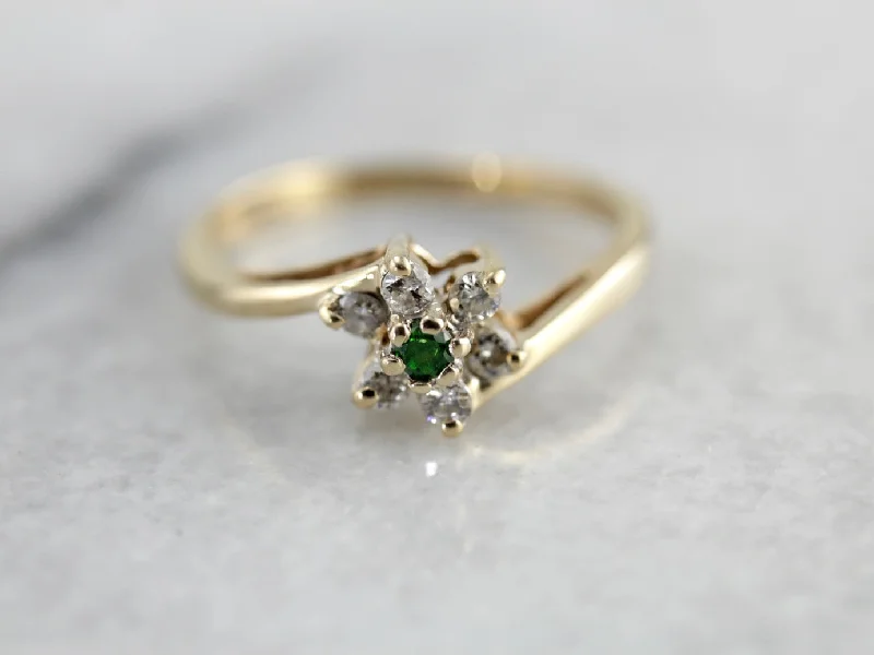 Dainty Demantoid Garnet and Diamond Flower Ring, Bypass Style