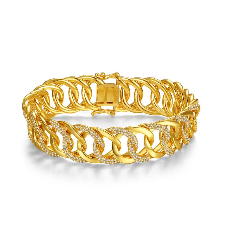 14k Yellow Gold Plated With Diamond Cubic Zirconia Interlocking Slinky Link Chain Bracelet