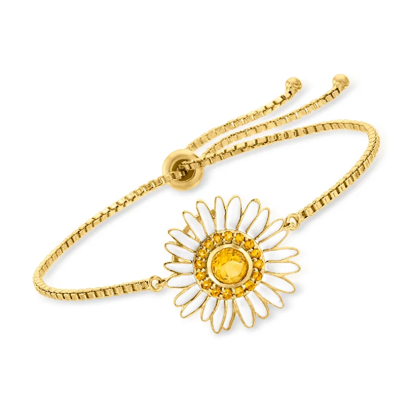 Ross-Simons Citrine and White Enamel Daisy Bolo Bracelet in 18kt Gold Over Sterling