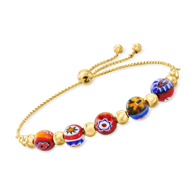 Ross-Simons Italian Multicolored Murano Glass Floral Bead Bolo Bracelet in 18kt Gold Over Sterling