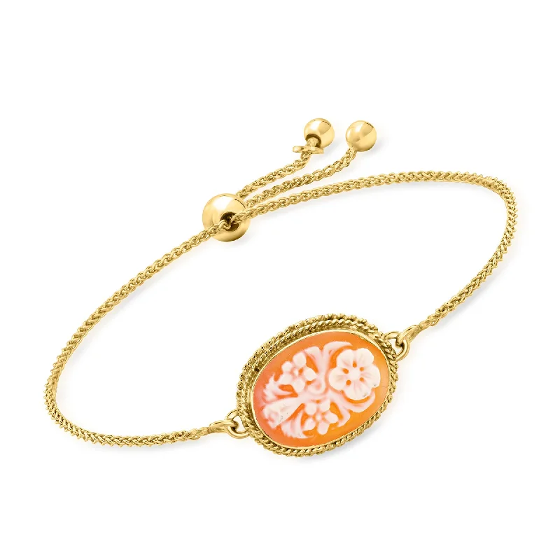 Ross-Simons Italian Orange Shell Flower Cameo Bolo Bracelet in 18kt Gold Over Sterling