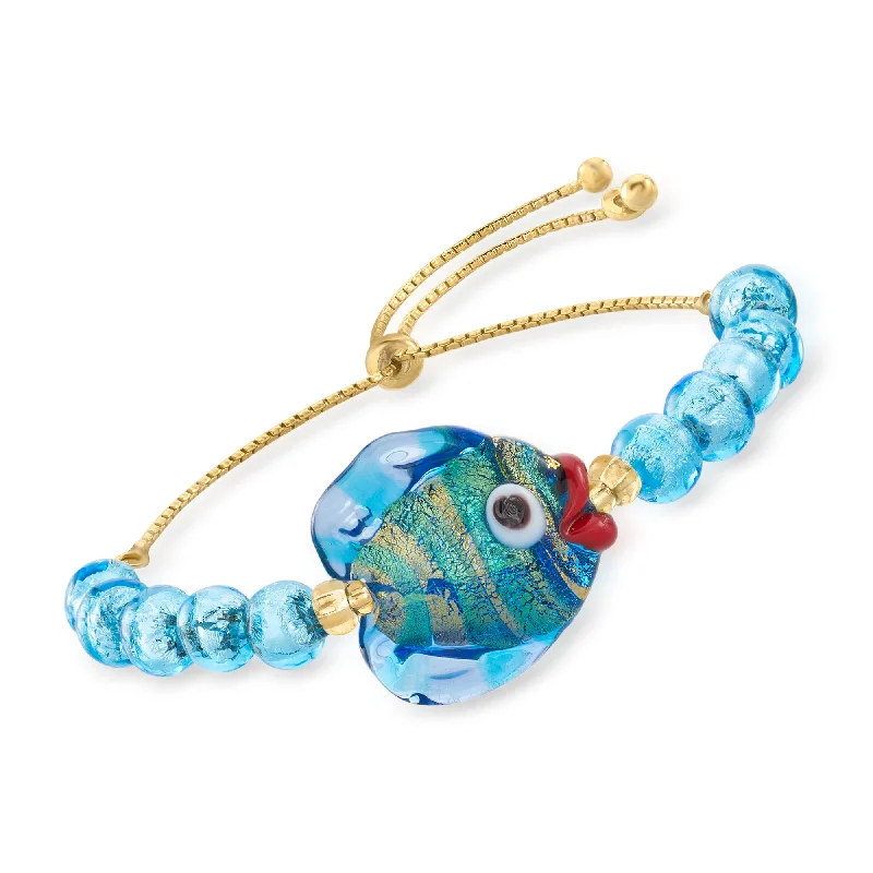 Ross-Simons Italian Multicolored Murano Glass Fish and Beaded Bolo Bracelet With 18kt Gold Over Sterling