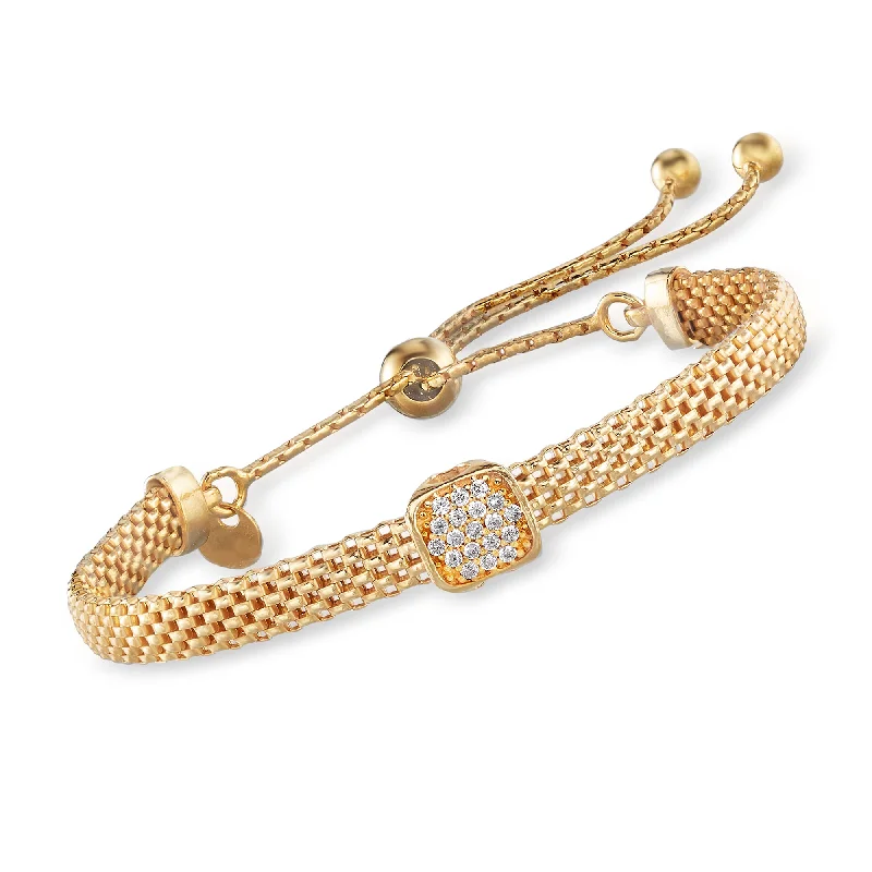 Ross-Simons Italian 18kt Gold Over Sterling Mesh Bolo Bracelet With CZ Station