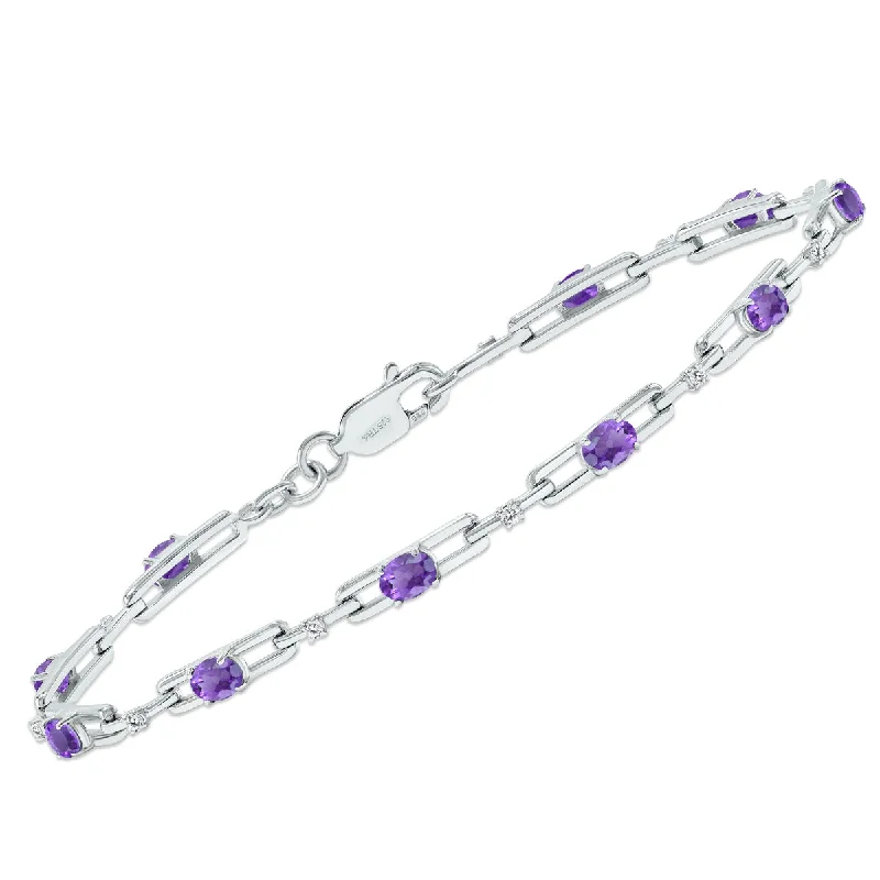 Amethyst And Natural Diamond Double Bar Link Bracelet In .925 Sterling Silver