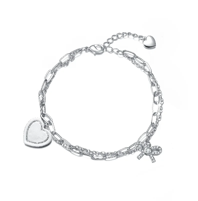 Ga Sterling Silver With Rhodium Plated Heart Paper Clip Chains Bracelet