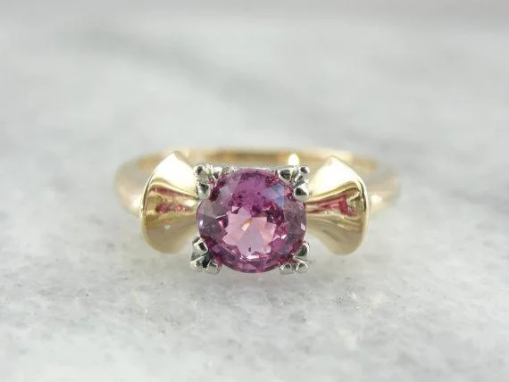 Retro Pink Sapphire Ring, 14K Yellow and White Gold Bow Shape