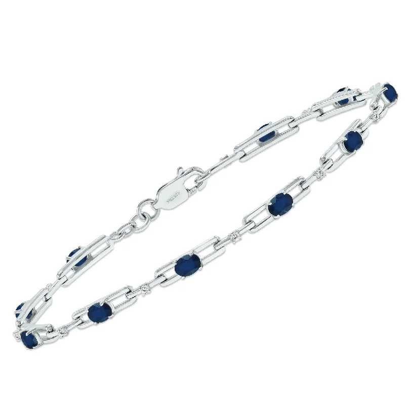 Sapphire And Natural Diamond Double Bar Link Bracelet In .925 Sterling Silver