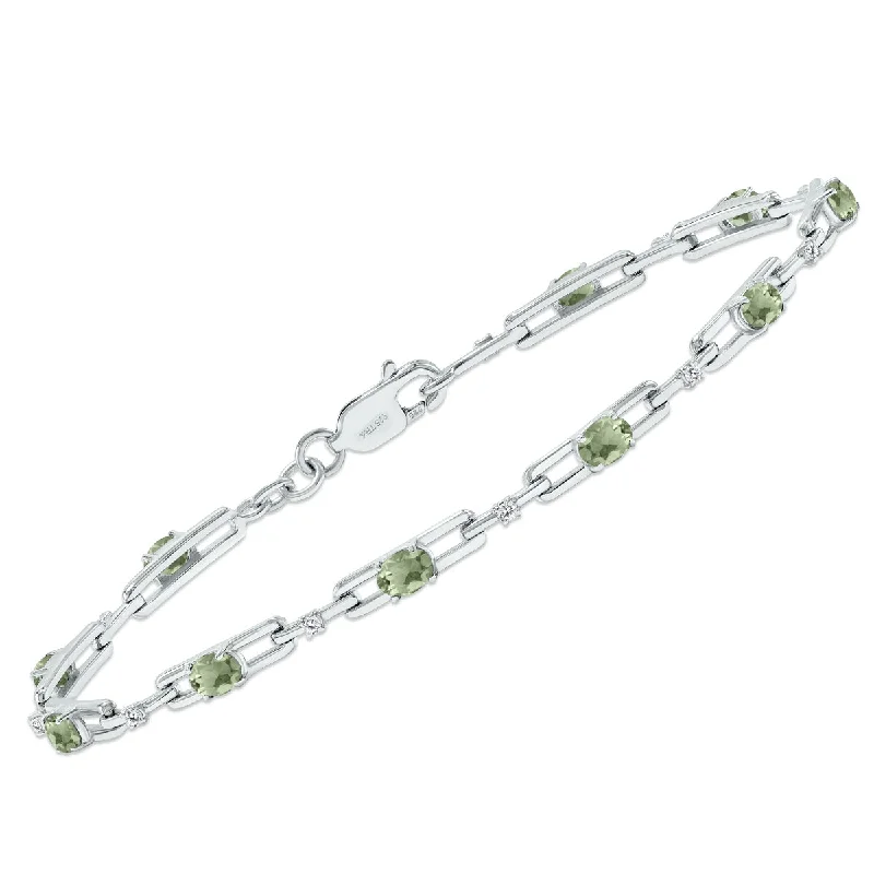 Green Amethyst And Natural Diamond Double Bar Link Bracelet In .925 Sterling Silver