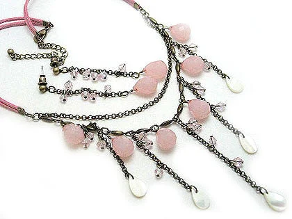 vintage style necklaces for women -White Shell and Pink Beaded Drops Suede Chain Necklace