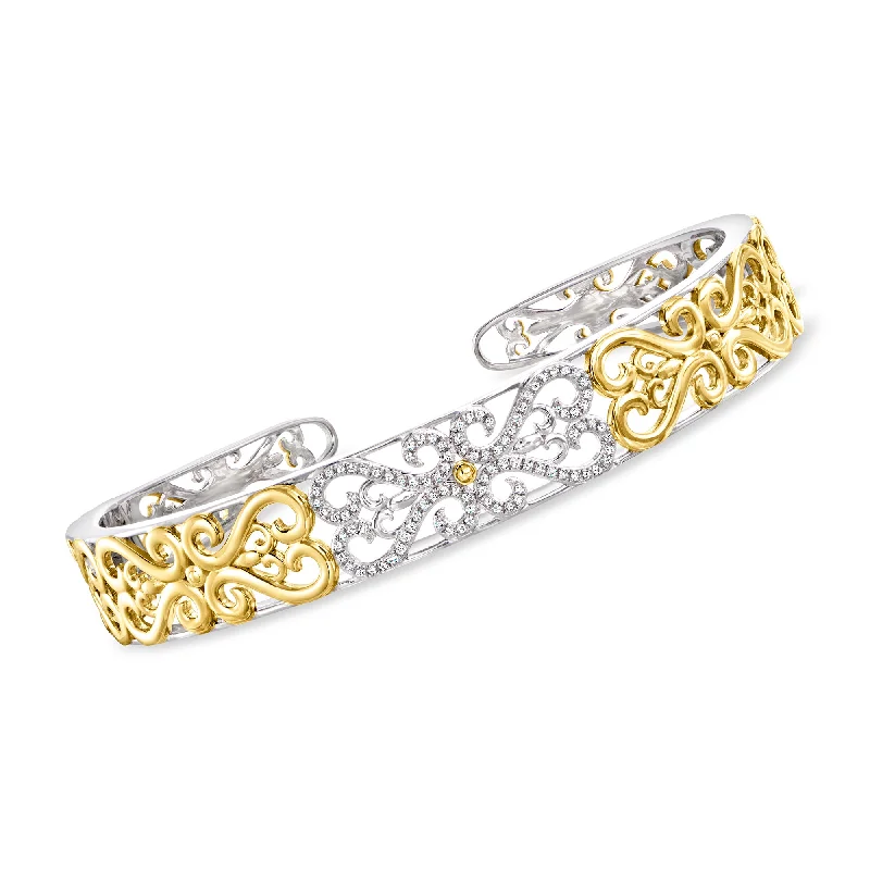 Ross-Simons Diamond Filigree Heart Cuff Bracelet in 2-Tone Sterling Silver