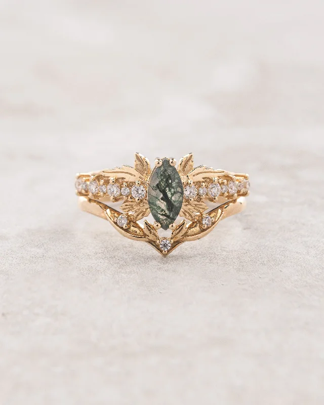 elegant diamond engagement rings -Marquise cut moss agate bridal ring set, nature inspired engagement ring / Verbena